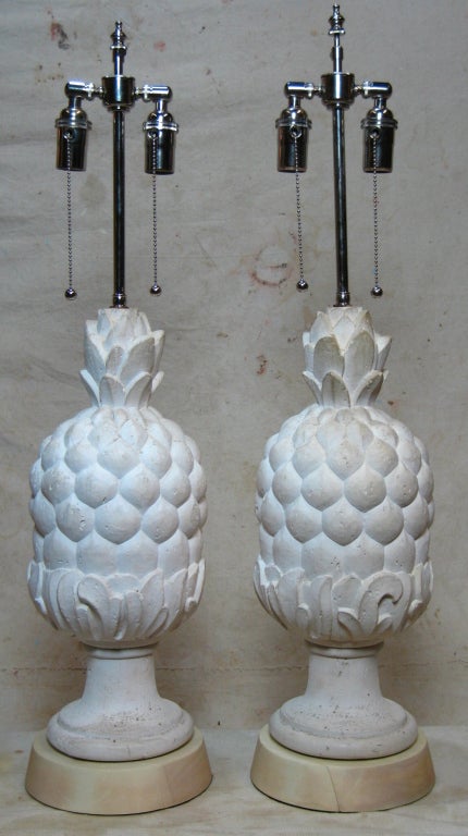 Pair plaster pineapple lamps on wood bases with new hardware and wiring (shades not included)