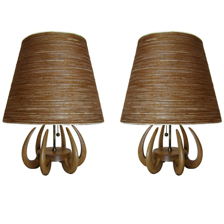 Pair Abstract Wooden Tentacle Lamps