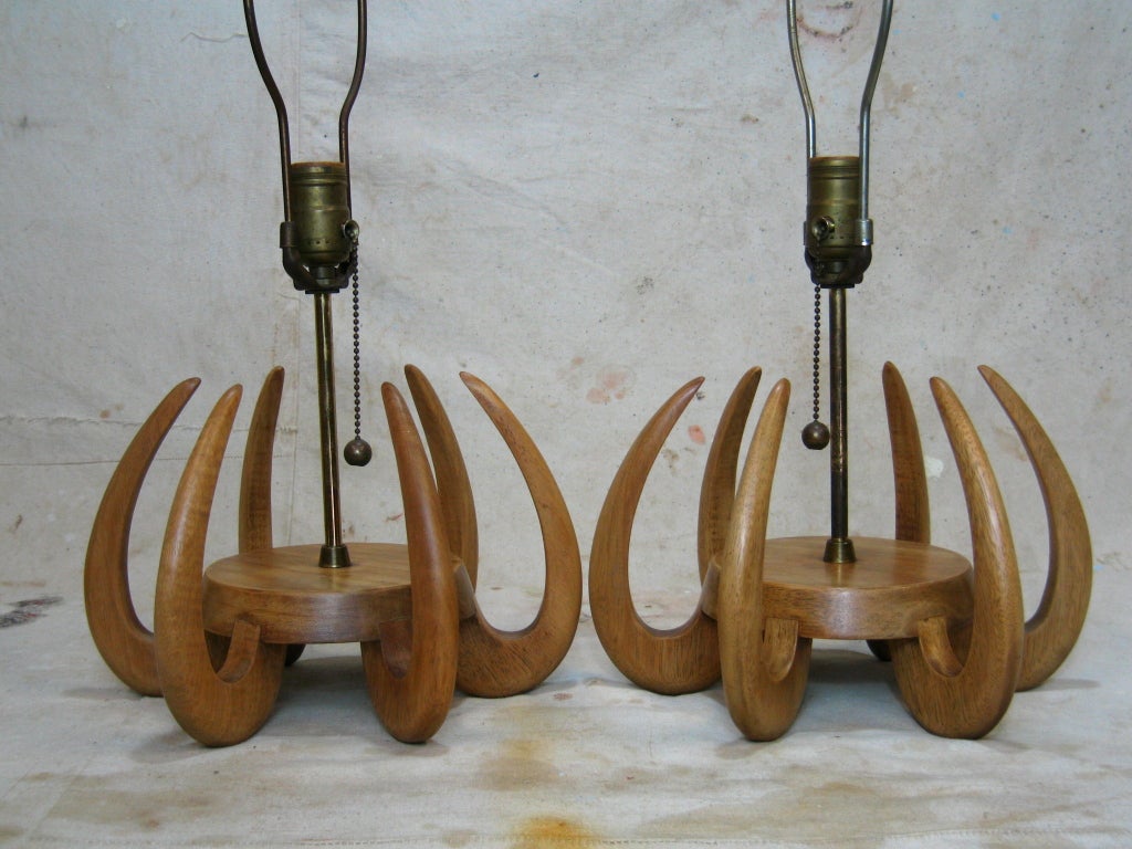 Pair Abstract Wooden Tentacle Lamps