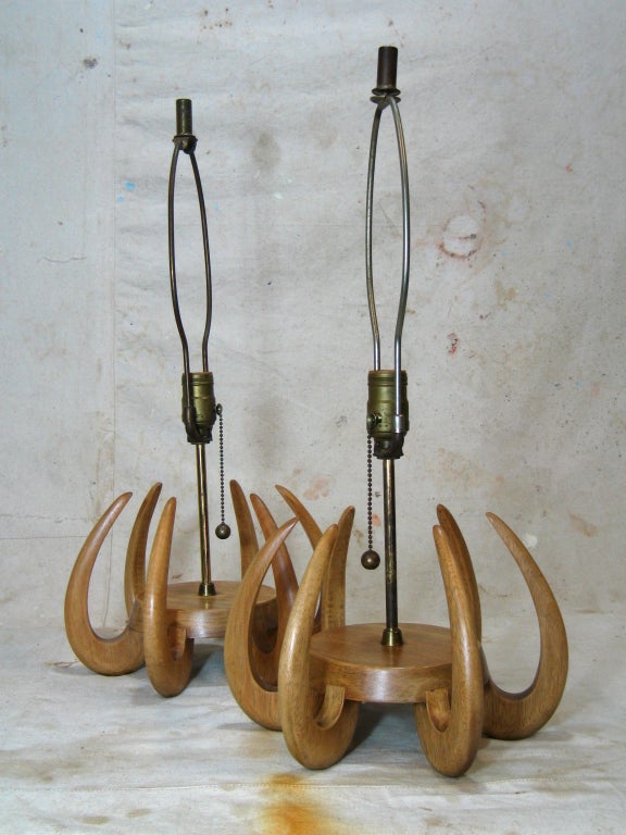 Mid-20th Century Pair Abstract Wooden Tentacle Lamps