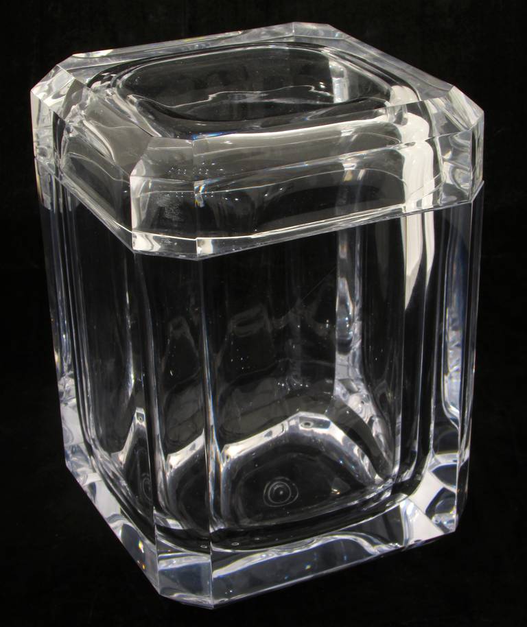 Multifaceted lucite ice bucket with pivoting removable lid by Alessandro Albrizzi