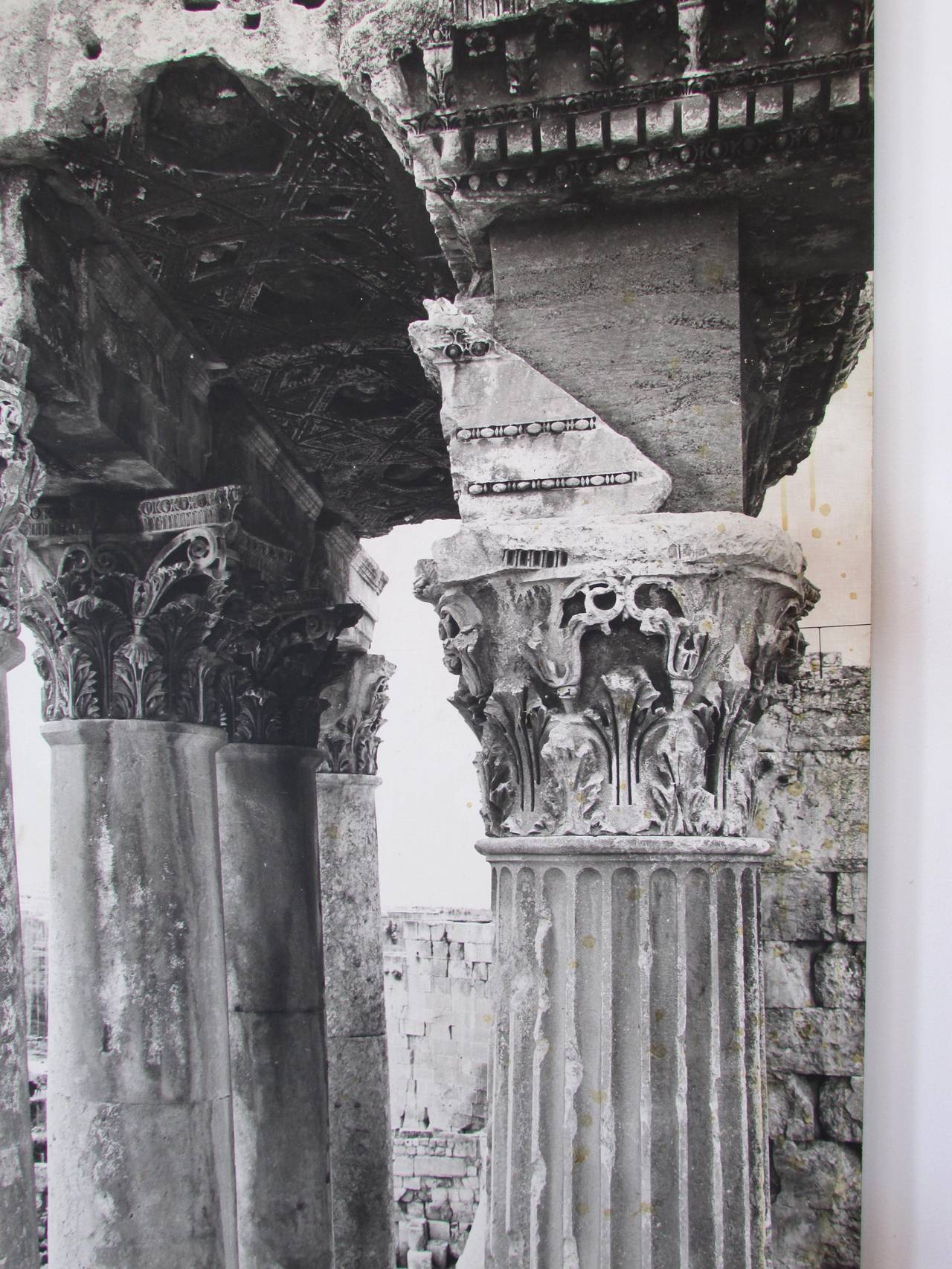Large scale photo of Baalbek ruins from the Lebanon Pavilion at the 1964 Worlds Fair this is one of 30 panels (this one is numbered #19) that depicted famous archeological sites around Lebanon the sepia painted strip at bottom was inserted into a