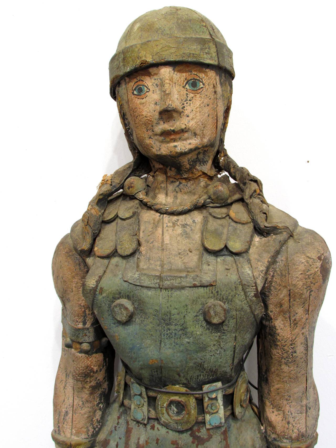 Large antique painted paper mache figure of a Viking Shieldmaiden now mounted as a hanging figure but orginially stood in a base or display