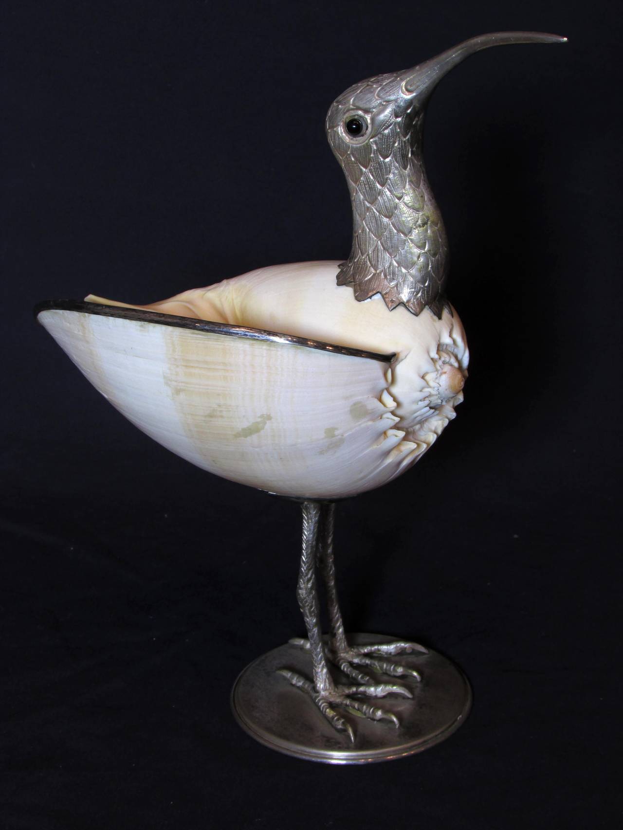 Bird made from seashell body and silverplated feet and head, unsigned in the style of Anthony Redmile & Binazzi Foresto