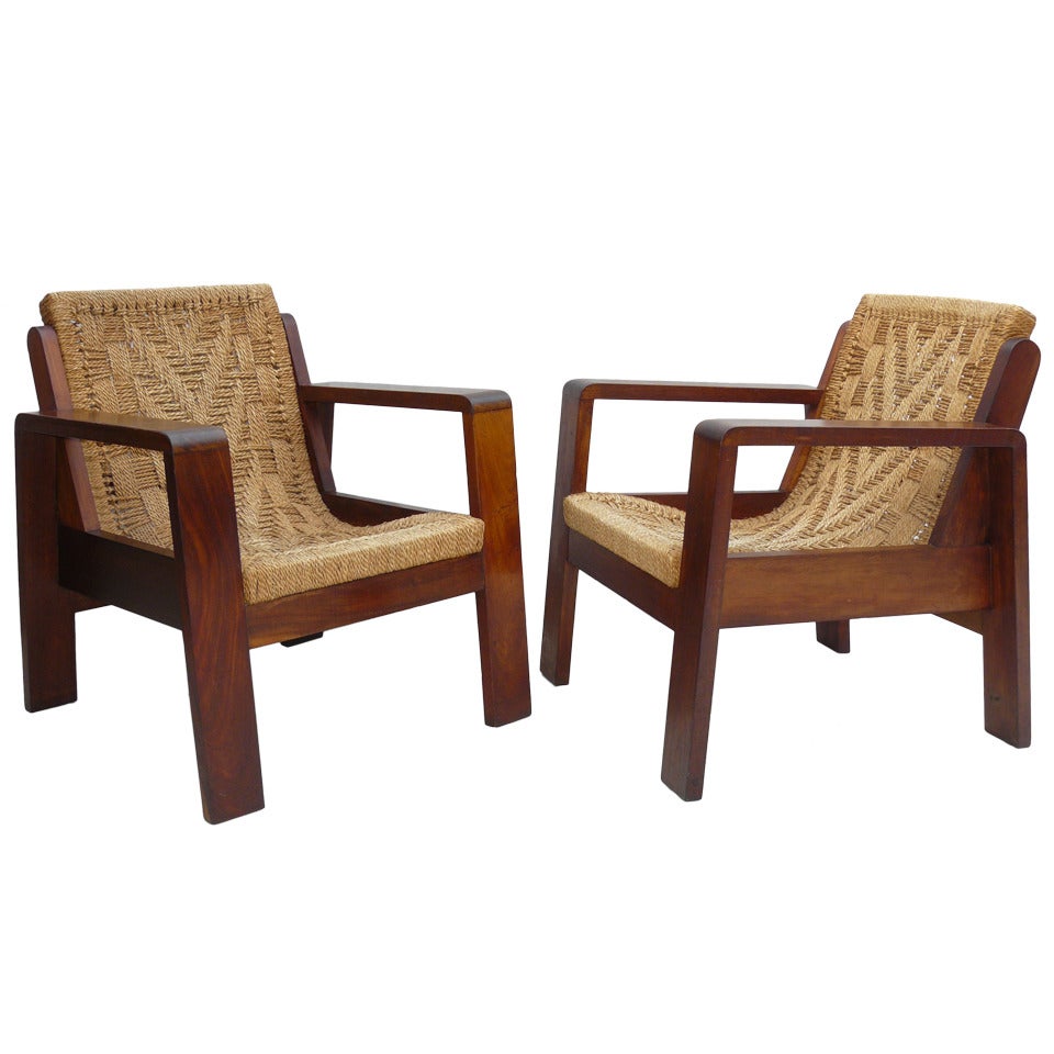 Pair of 40s Mahogany & Jute South American Lounge Chairs For Sale