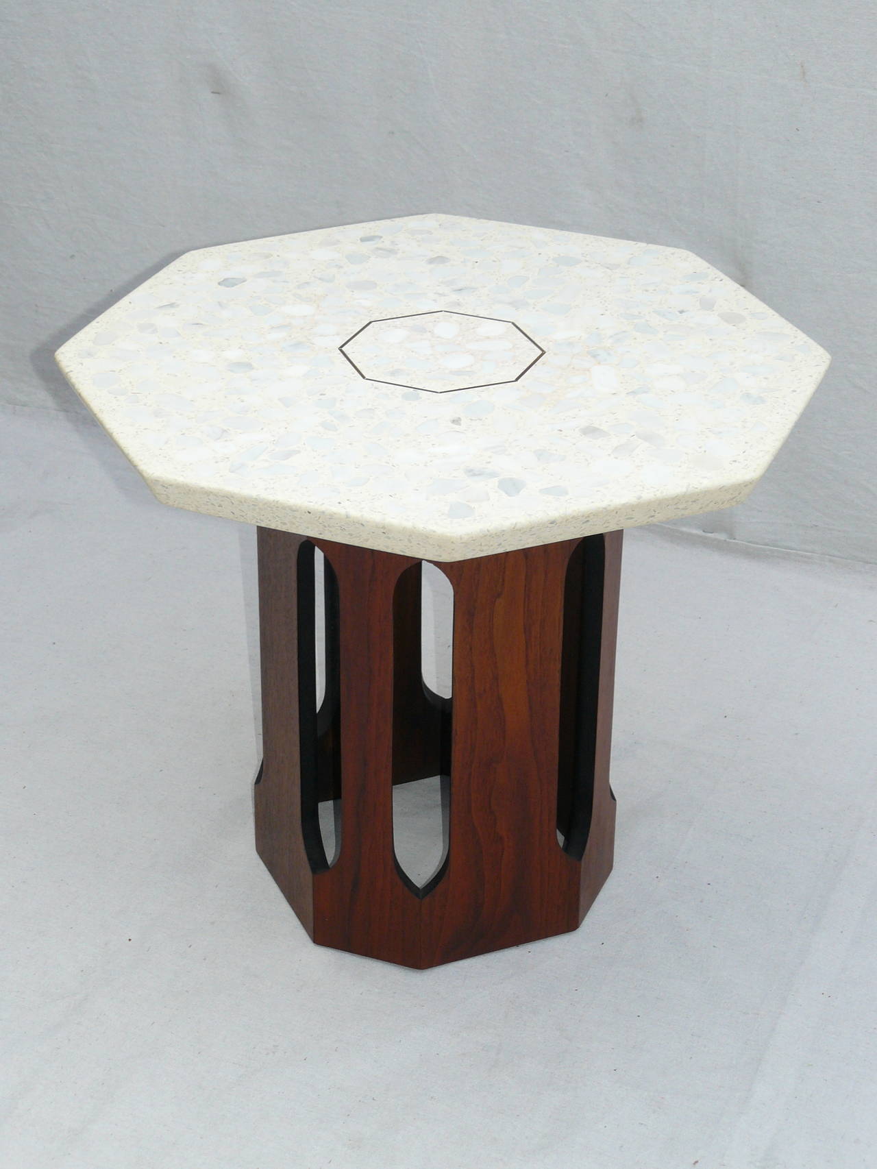 Mint condition Harvey Probber terrazzo top side table. Terrazzo top with brass inlay detail. Walnut base.