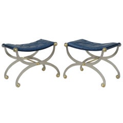 Pair of 1970s French Jansen Style Leather Sling Stools