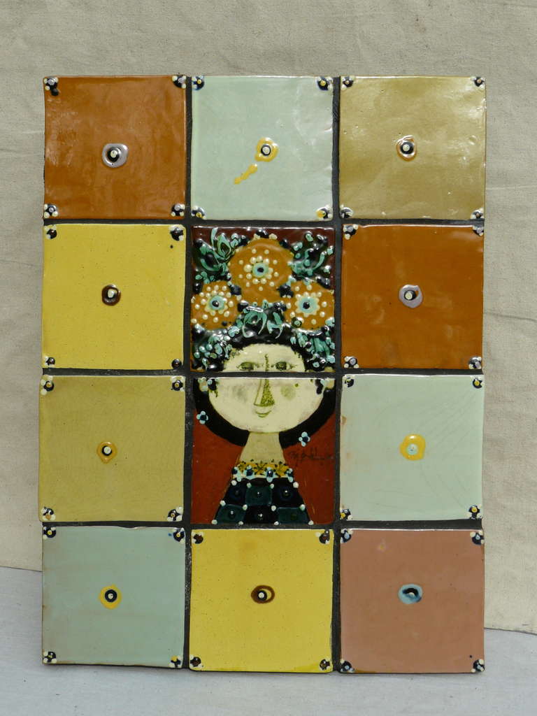 Signed Bjorn Wiinblad Tile Wall Hanging. Brightly colored composition,