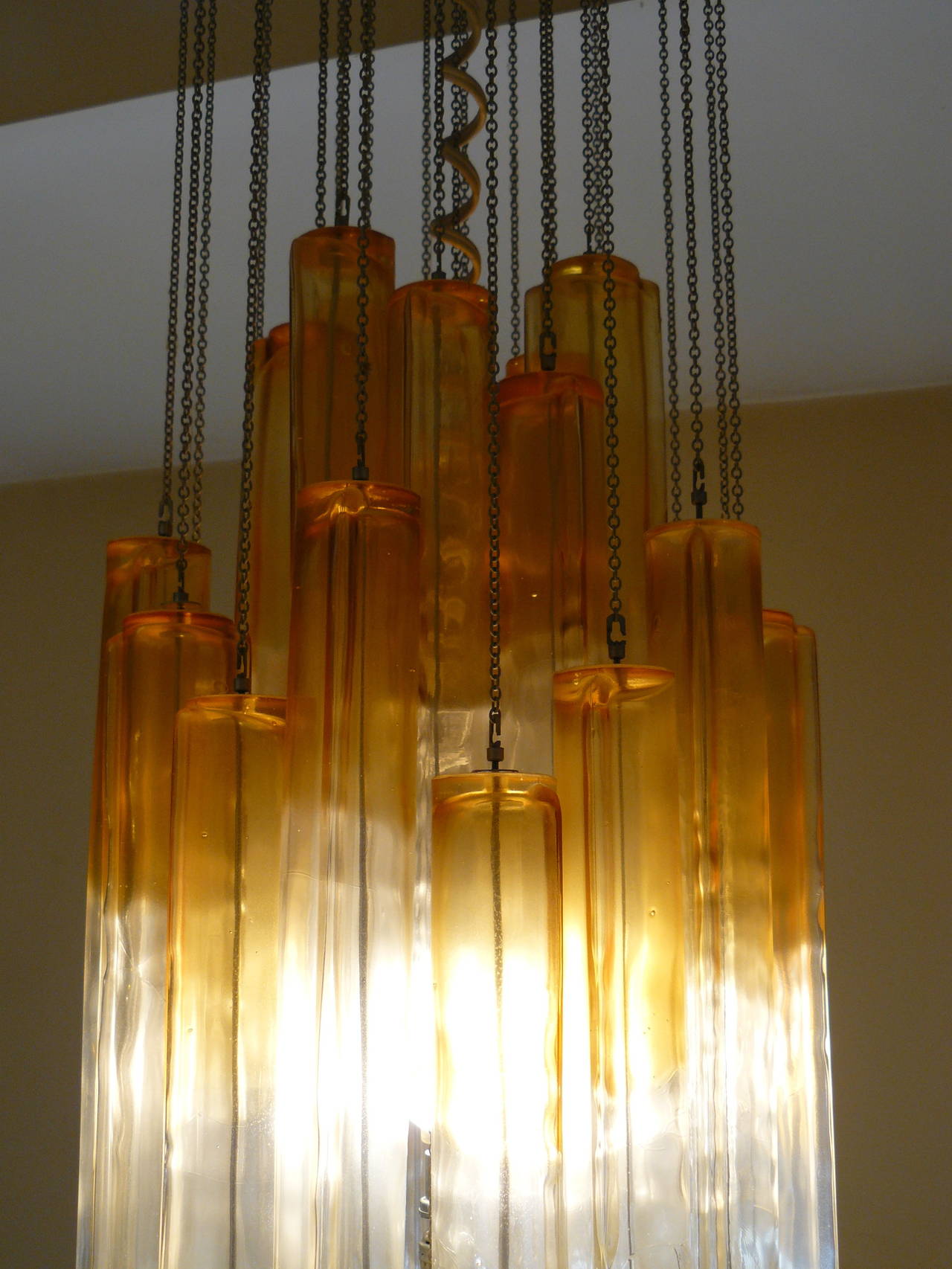 Mid-Century Modern 1970s Amber and Clear Glass Mazzega Murano Chandelier For Sale