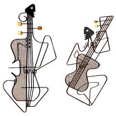Fabulous Pair Frederick Weinberg Wire Musician Wall Sculptures