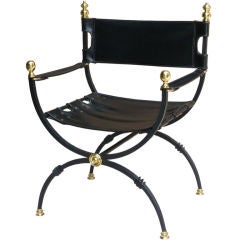 70s Italian Hammered Iron, Brass & Leather Campaign Chair