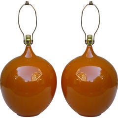 Pair of 70s High Fire Burnt Orange Ceramic Lamps
