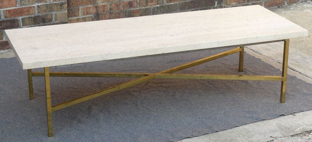 50s custom Harvey Probber brass frame travertine marble top coffee table