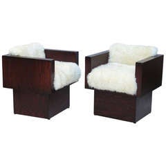 Vintage Pair of 70s Rustic Plywood & Sheepskin Cube Chairs