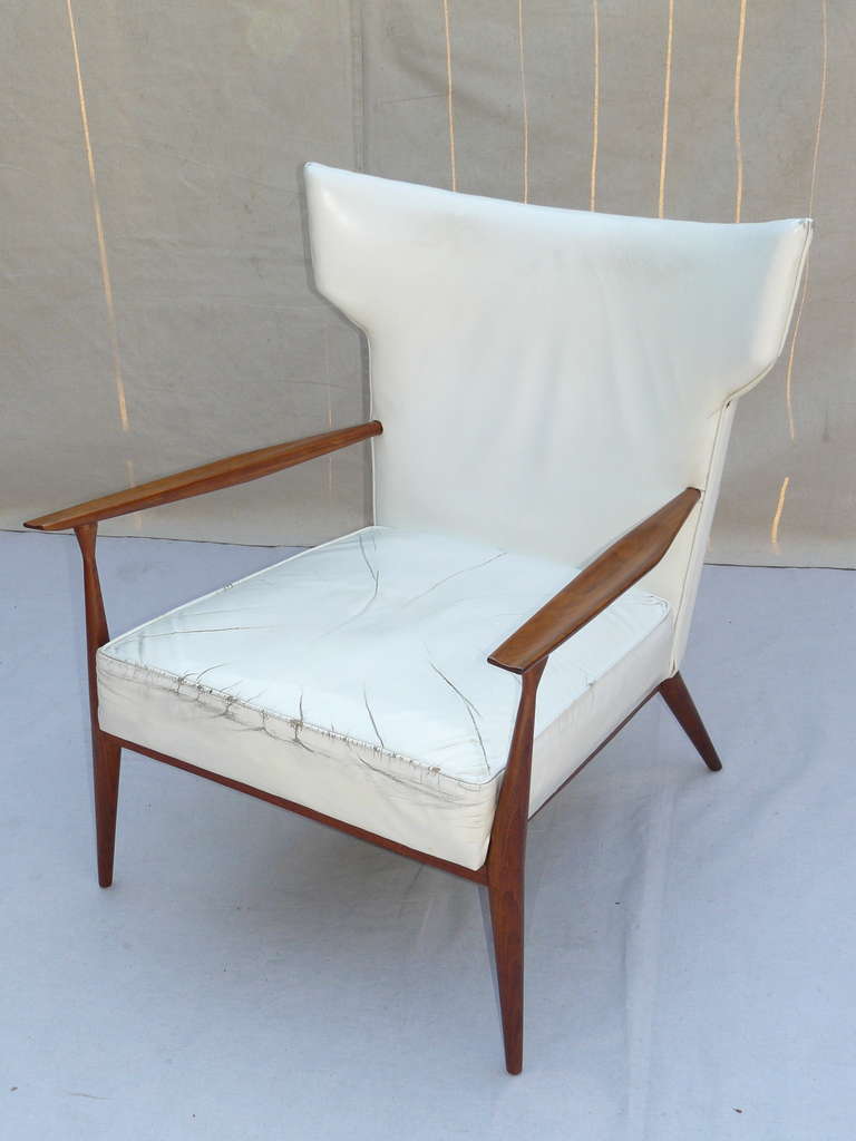Walnut Rare Leather Paul McCobb Directional Wing Chair