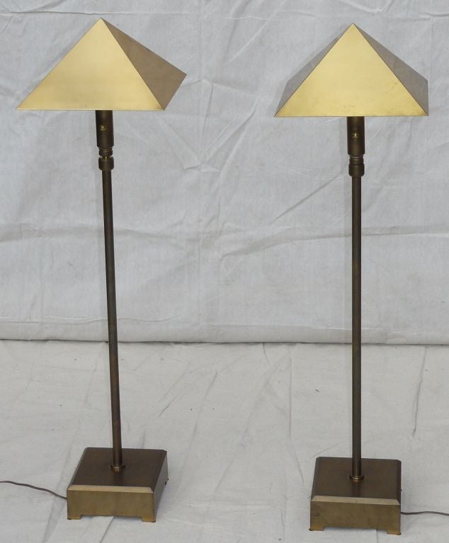 Pair of 70s Chapman solid brass pyramid shade adjustable height floor lamps