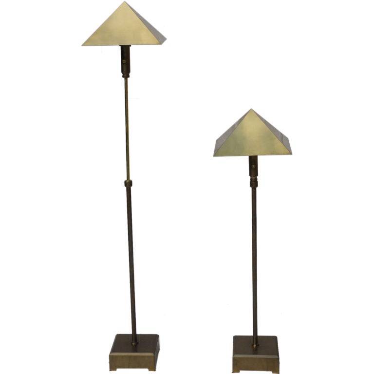 Pair of 70s Chapman Brass Pyramid Shade Adjustable Floor Lamps