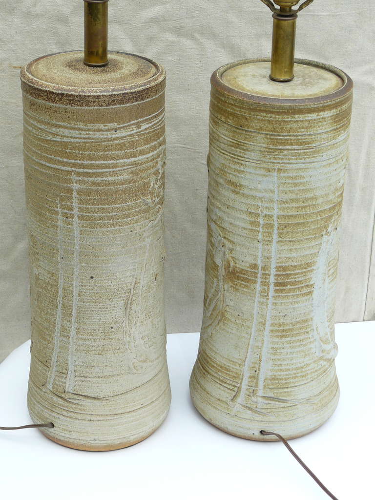 Pair of Bob Kinzie Art Pottery Lamps. Variations in the glaze thickness & height, typical of the hand throwing process. Height of just lamp bases is 20