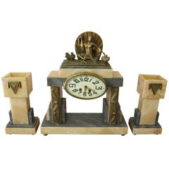 French Art Deco 3 Piece Clock Garniture Set Bronze Classic