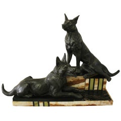 French Art Deco Spelter on Marble Dog Group Sculpture