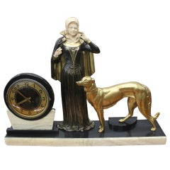 French Art Deco Clock Sculpture Group Lady and Dog