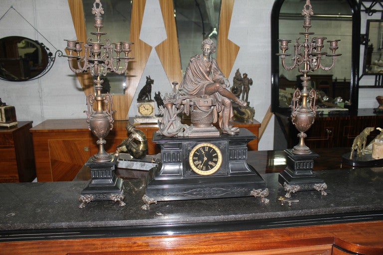 Antique French 3 Piece Napoleon III Clock Garniture Set In Good Condition In Hialeah, FL