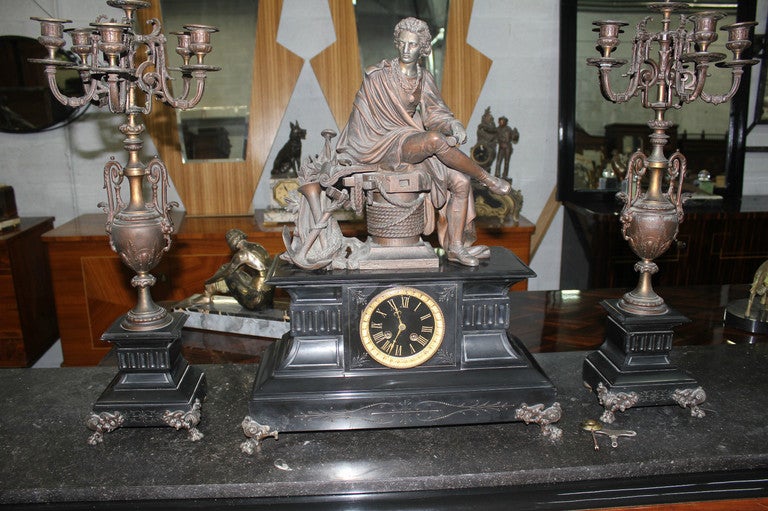 19th Century Antique French 3 Piece Napoleon III Clock Garniture Set