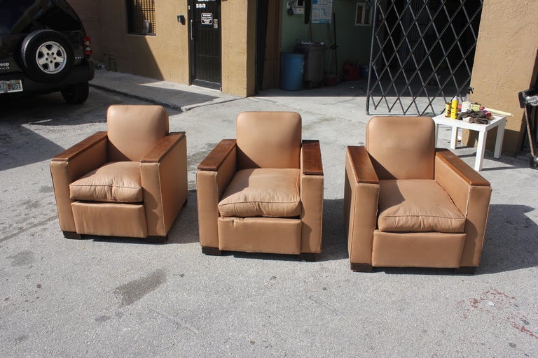 Set 3 Large and Comfortable French Art Deco Walnut Club Chairs.