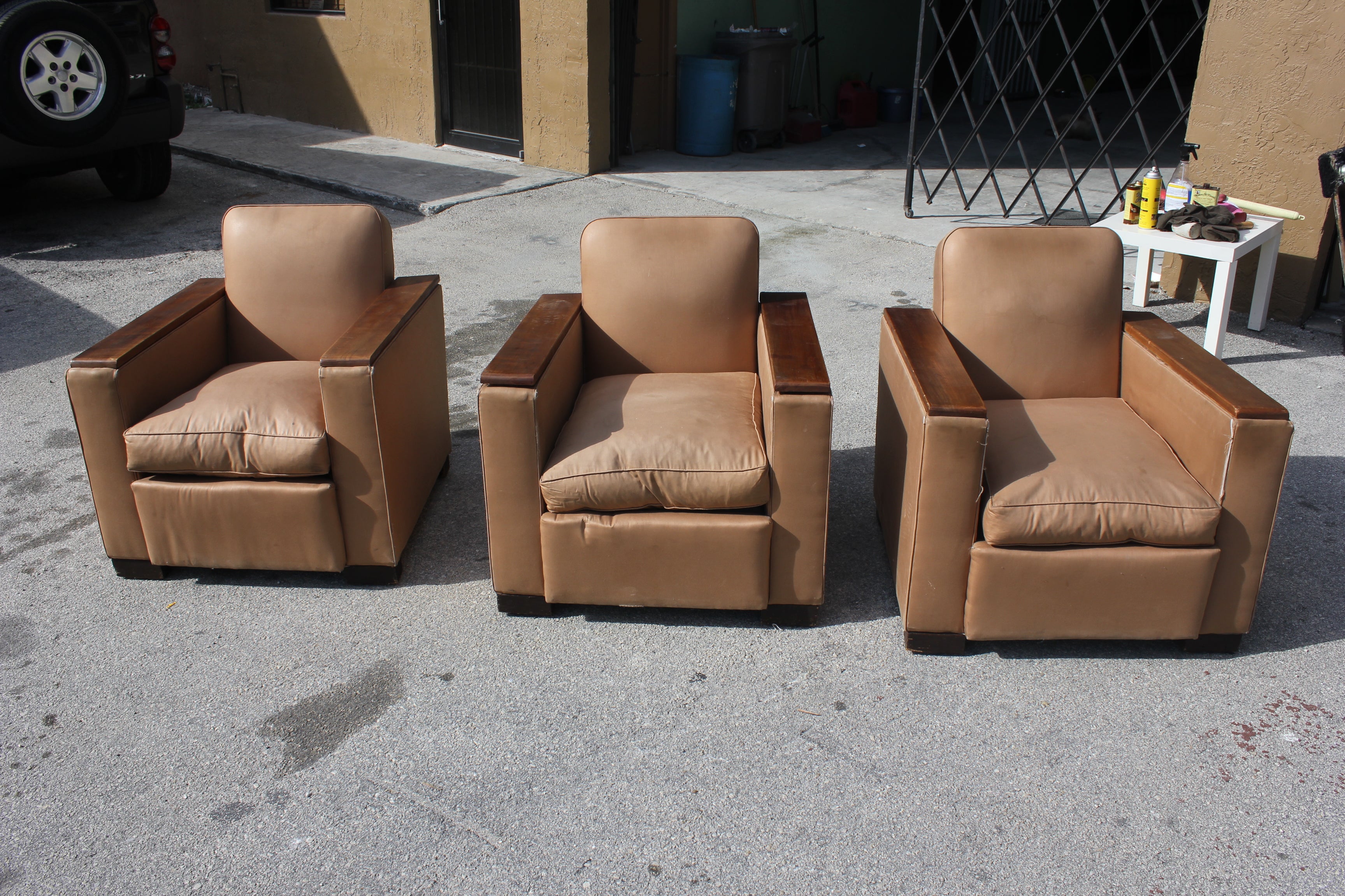 Set 3 French Art Deco Walnut Club Chairs