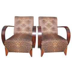 Pair French Art Deco Palisander Curved Arm Club Chairs, Leopard Print