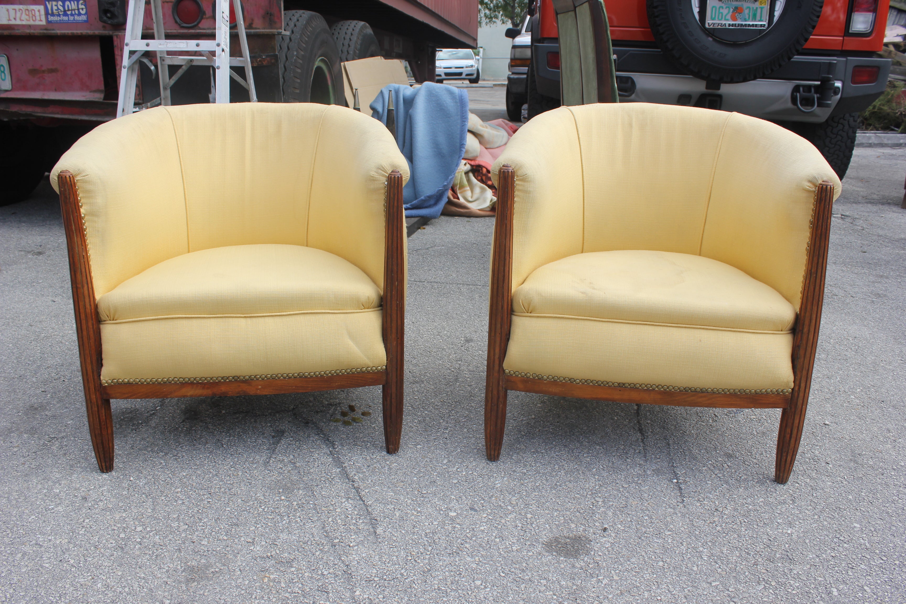 Pair French Art Deco Carved Walnut Club Chairs