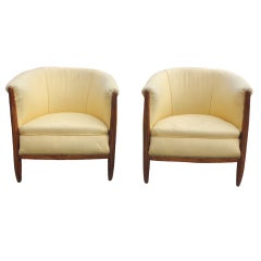 Pair French Art Deco Carved Walnut Club Chairs