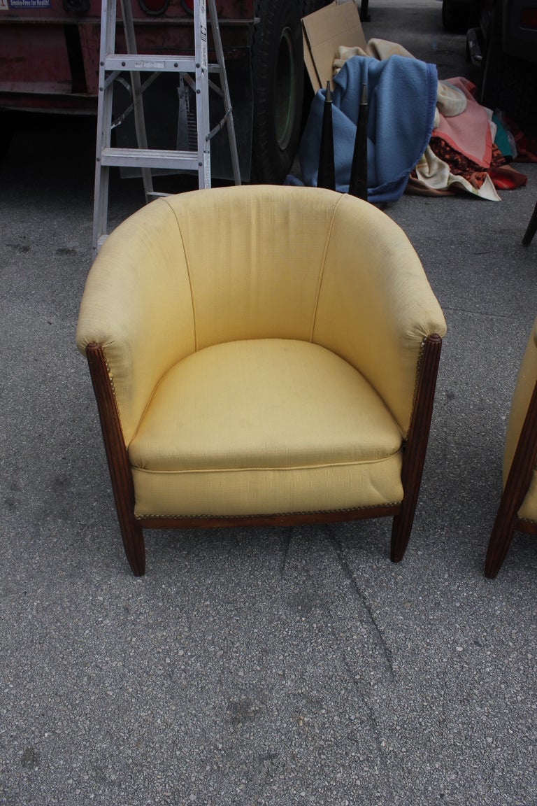 Pair French Art Deco Carved Walnut Club Chairs In Excellent Condition In Hialeah, FL