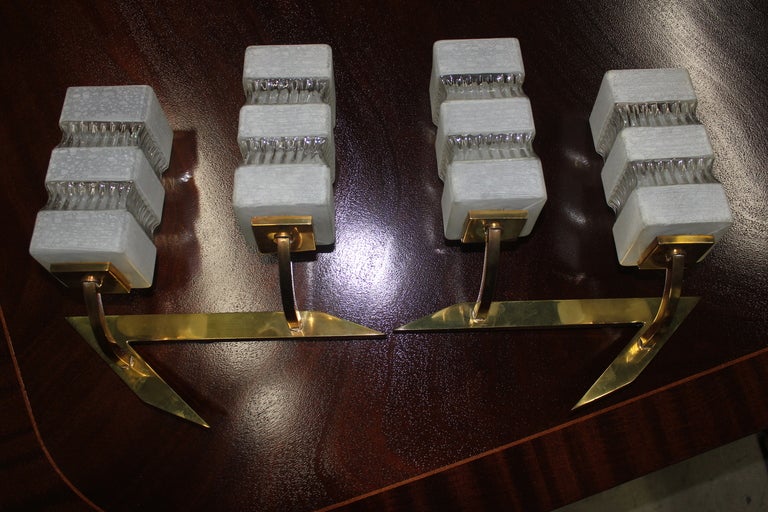 Pair French Art Deco Brass/ Art Glass Wall Lights/ Sconces In Excellent Condition In Hialeah, FL