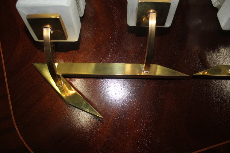 Mid-20th Century Pair French Art Deco Brass/ Art Glass Wall Lights/ Sconces