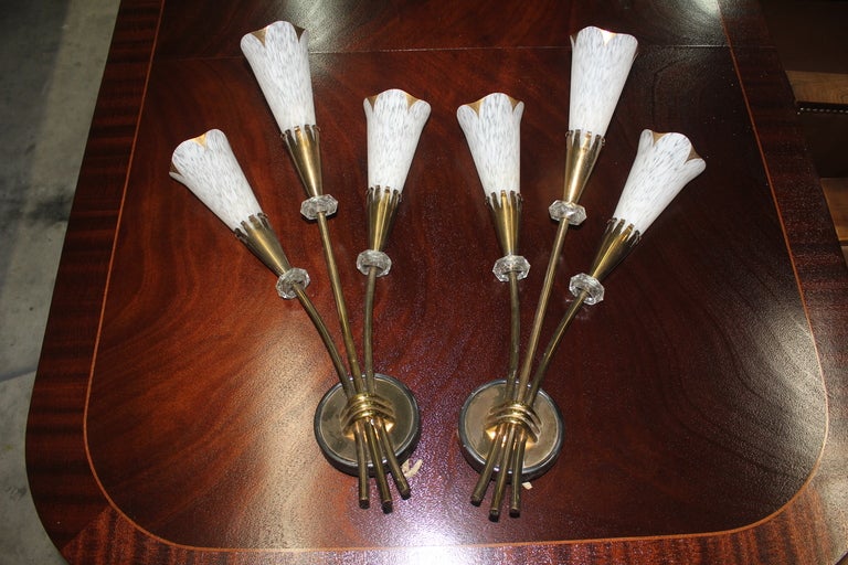 Pair French Art Deco 3 Light Flower Form Sconces In Good Condition In Hialeah, FL