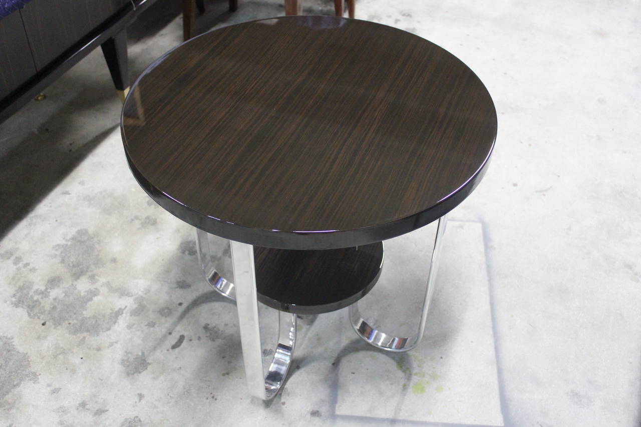Pair of French Art Deco Exotic Macassar Ebony Two-Tier End Tables, Paquebot