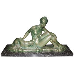 French Art Deco Patinated Terra Cotta Classic Sculpture Lady and Dog