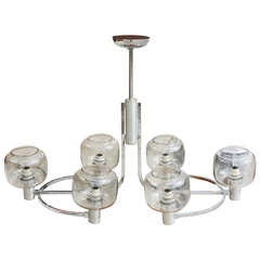 French Art Deco 6 Light Nickel and Glass Suspended Fixture