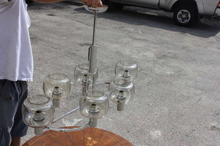 Mid-20th Century French Art Deco 6 Light Nickel and Glass Suspended Fixture