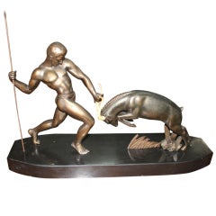 French Art Deco Spelter Sculpture Man with Bull signed Kowas