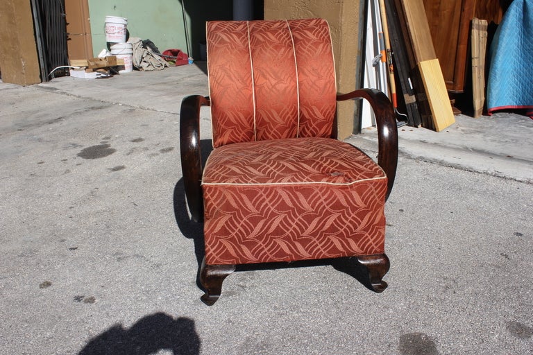 Pair of French Art Deco Curved-Arm Solid Walnut Club Chairs In Good Condition In Hialeah, FL