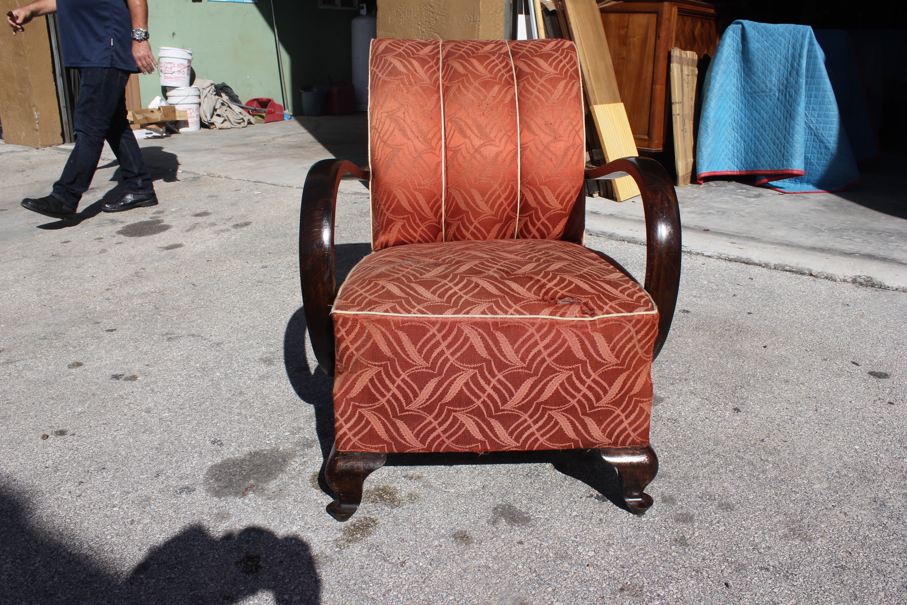 Pair of French Art Deco Curved-Arm Solid Walnut Club Chairs