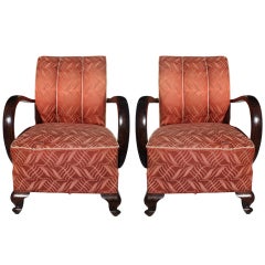 Pair of French Art Deco Curved-Arm Solid Walnut Club Chairs