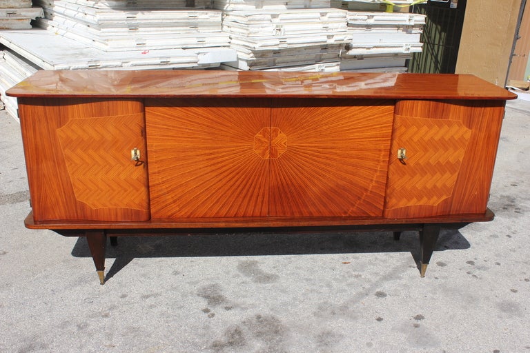 French Art Deco Palisander Rio Sunburst Marquetry Buffet, Exceptional Detail. Note shelves not in place for photos. This buffet will come apart for elevator needs if necessary.