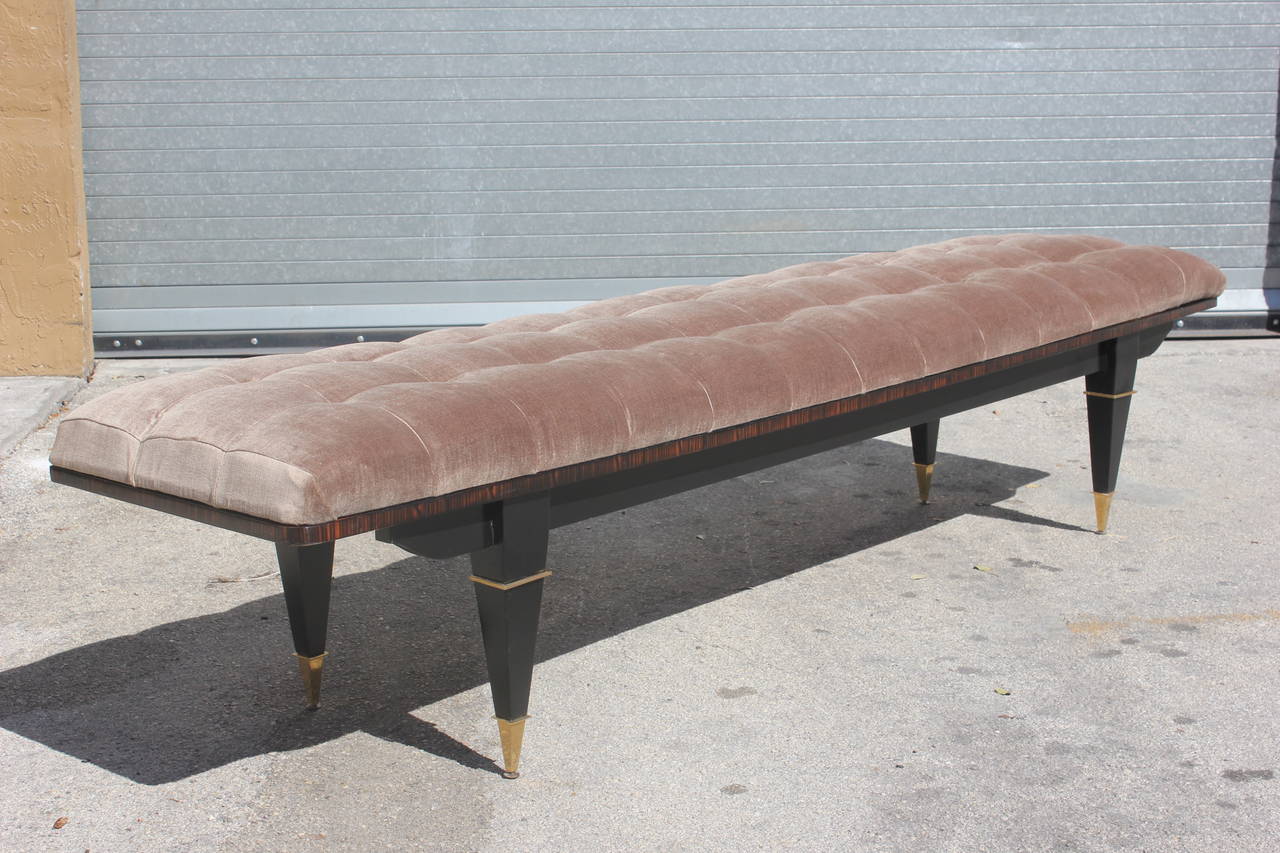 French Art Deco Black Lacquered/Macassar Ebony Upholstered Sitting Bench In Good Condition In Hialeah, FL