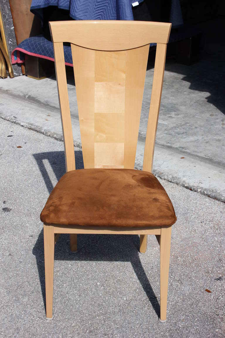 A Set of 6 Italian Mid Century Dining Chairs in Maple with Brown Suede Fabric. Light staining to fabric.