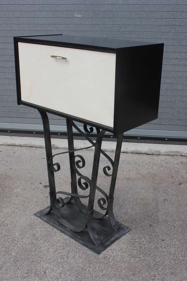 French Art Deco Parchment/ Black Lacquer/ Iron Base Dry Bar