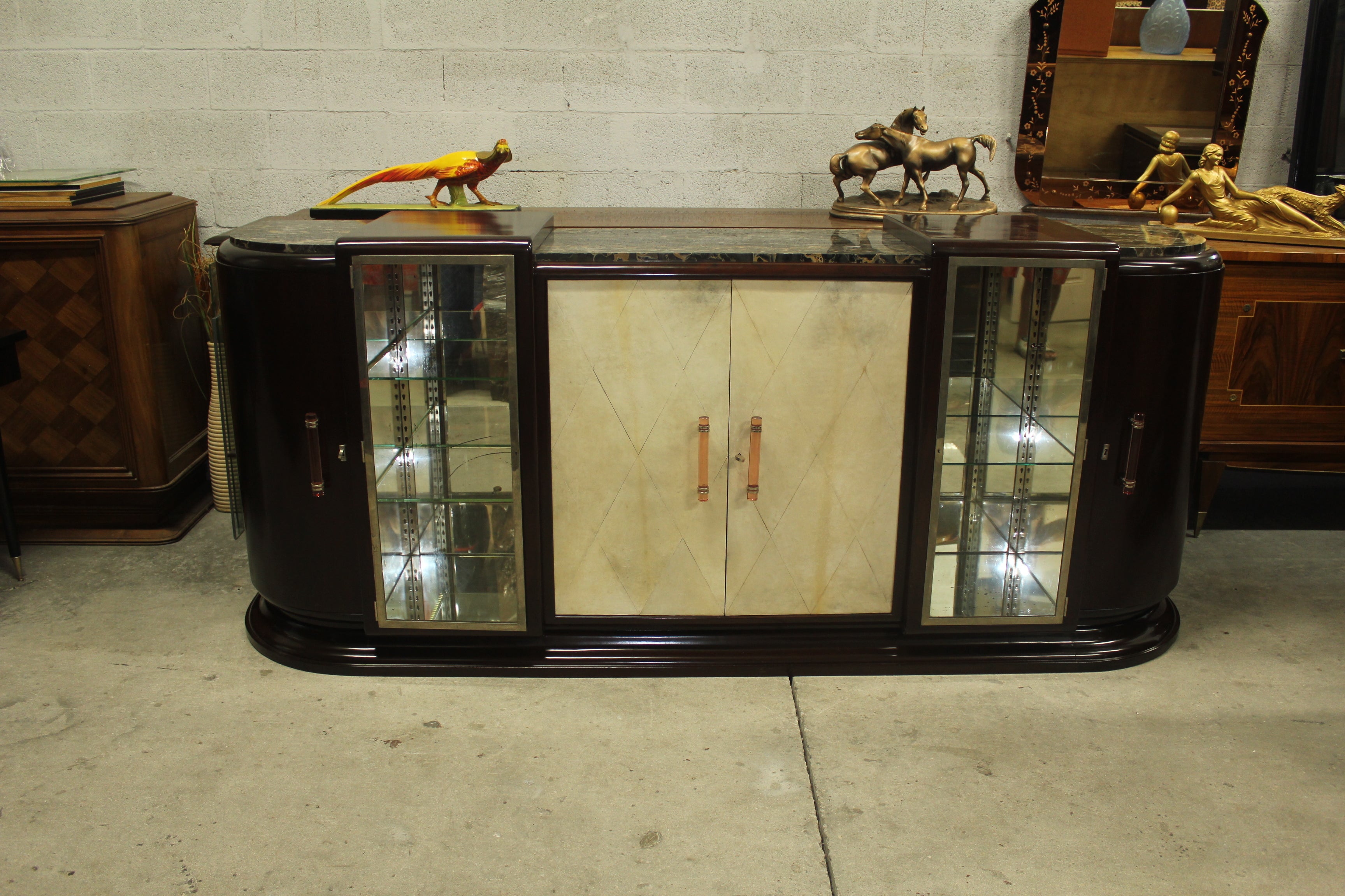 Huge French Art Deco Walnut, Parchment Bar or Display Buffet