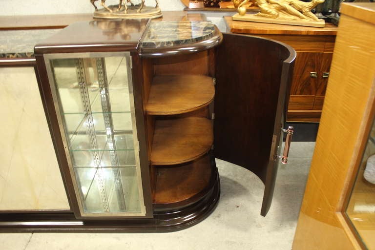 Huge French Art Deco Buffet or Sideboard with Bar Area, Display Cases, Curved Doors, Portoro Marble Top, Parchment Front, Pink Glass Hardware. An Amazing Buffet. This piece will come apart to suit elevator needs if necessary.